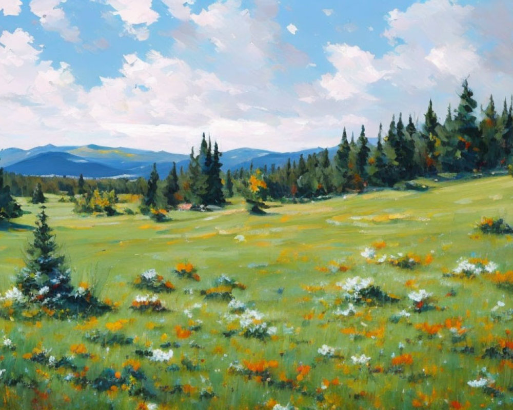 Colorful meadow painting with wildflowers, trees, and blue sky