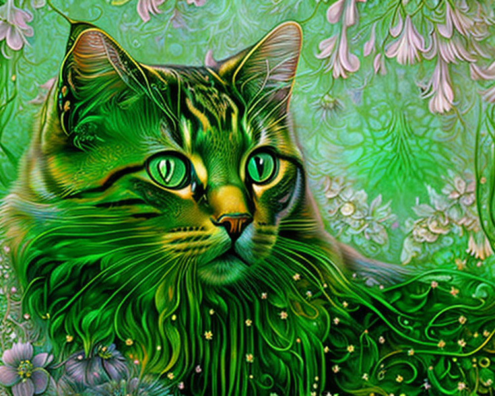 Colorful digital artwork of green-toned cat with intricate patterns on floral background