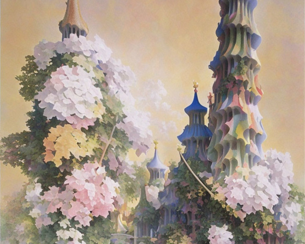 Surreal Artwork: Elegant Towers, Floral Elements, Pastel Hues