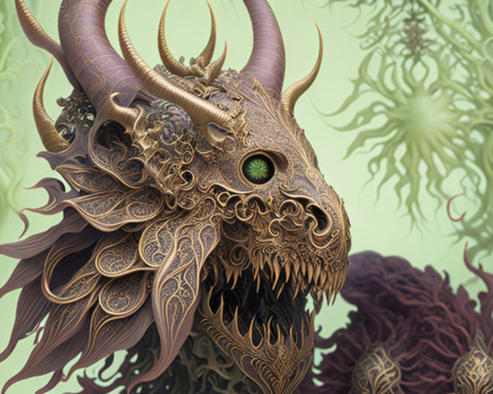 Ornate Horned Fantasy Creature with Green Eyes and Intricate Fur Designs Amid Abstract Plant-like Forms