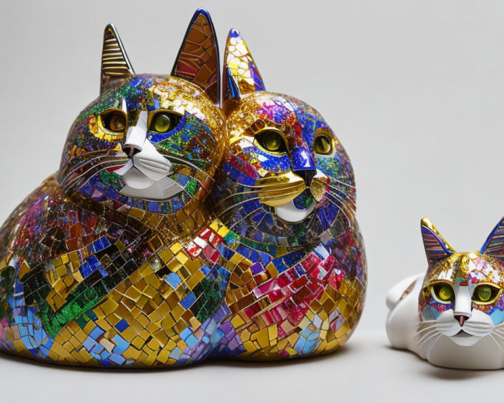 Colorful mosaic cat figurines on neutral background.