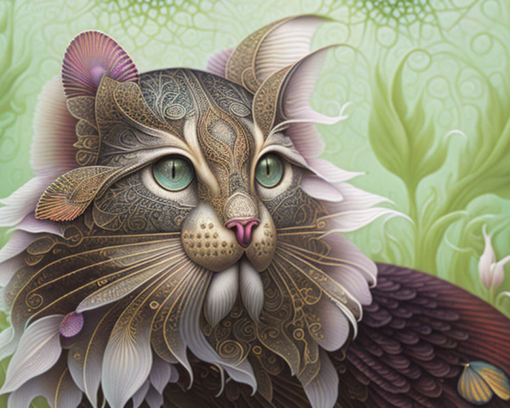 Detailed cat illustration with intricate patterns on fur against green floral background