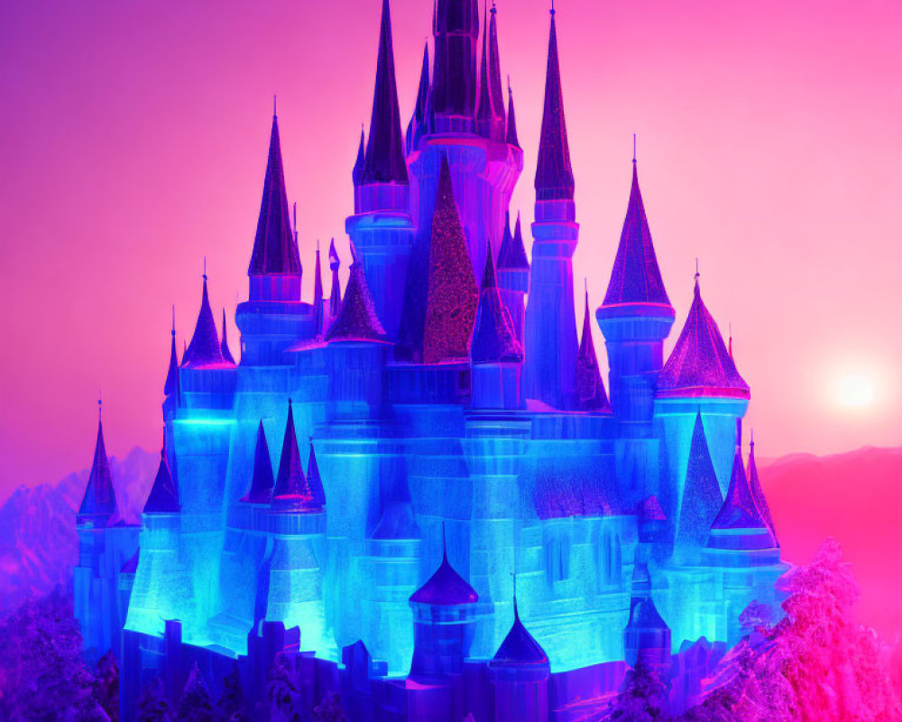 Castle with spires in blue glow at sunset with silhouetted trees