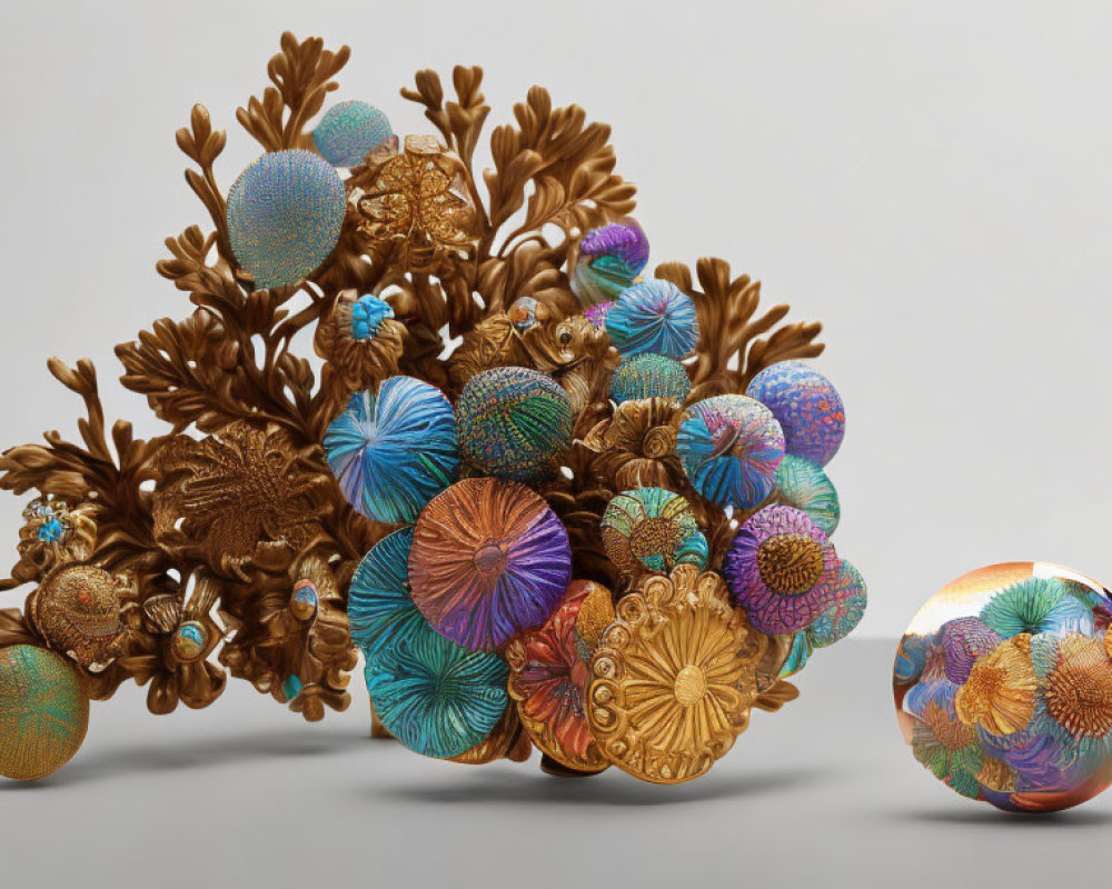 Colorful Coral-Like Sculpture with Intricate Patterns and Sphere