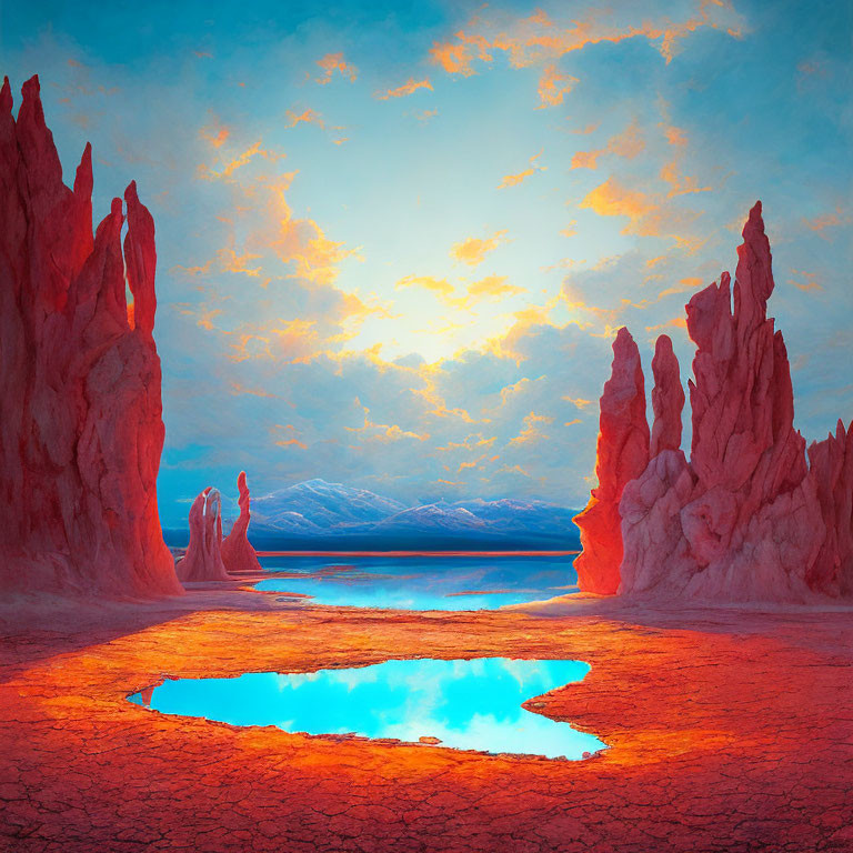 Majestic red rock formations and blue water pool under colorful sky