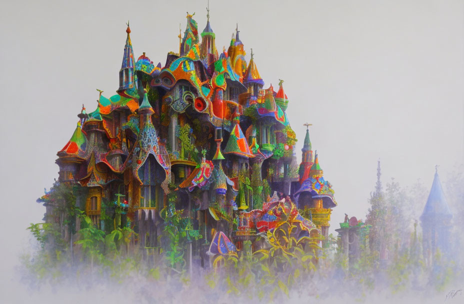 Whimsical colorful castle with elaborate towers and spires