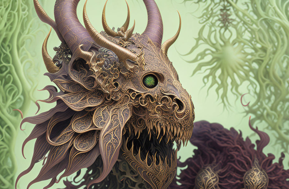 Ornate Horned Fantasy Creature with Green Eyes and Intricate Fur Designs Amid Abstract Plant-like Forms