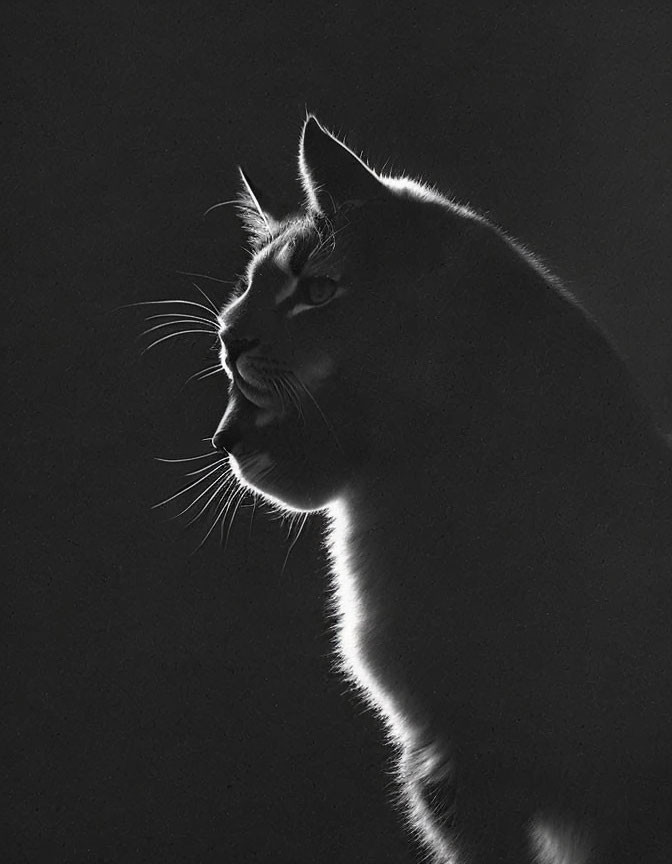 Monochrome profile of a cat with light outlines on dark background