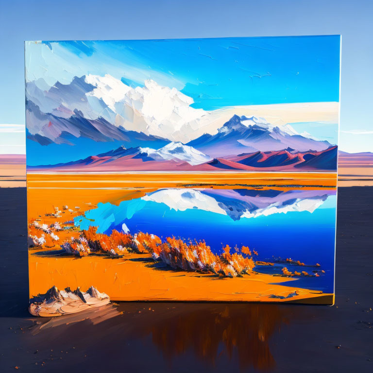 Mountainous Landscape Digital Painting with Reflective Lake & Clear Blue Sky