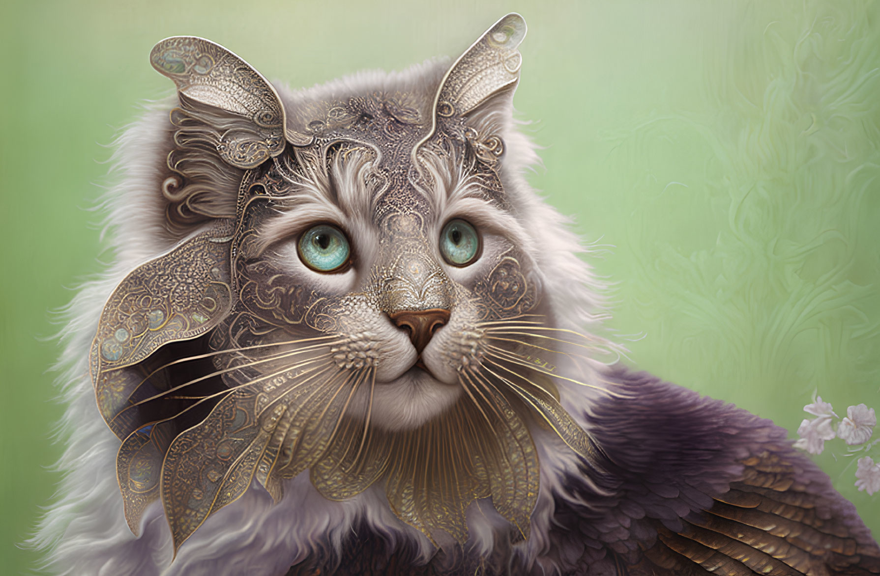 Detailed cat illustration with ornate metallic facial armor on green backdrop