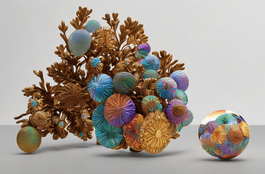 Colorful Coral-Like Sculpture with Intricate Patterns and Sphere