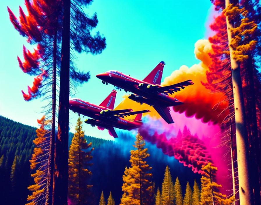 Colorful smoke jets fly low over forest against vivid blue sky