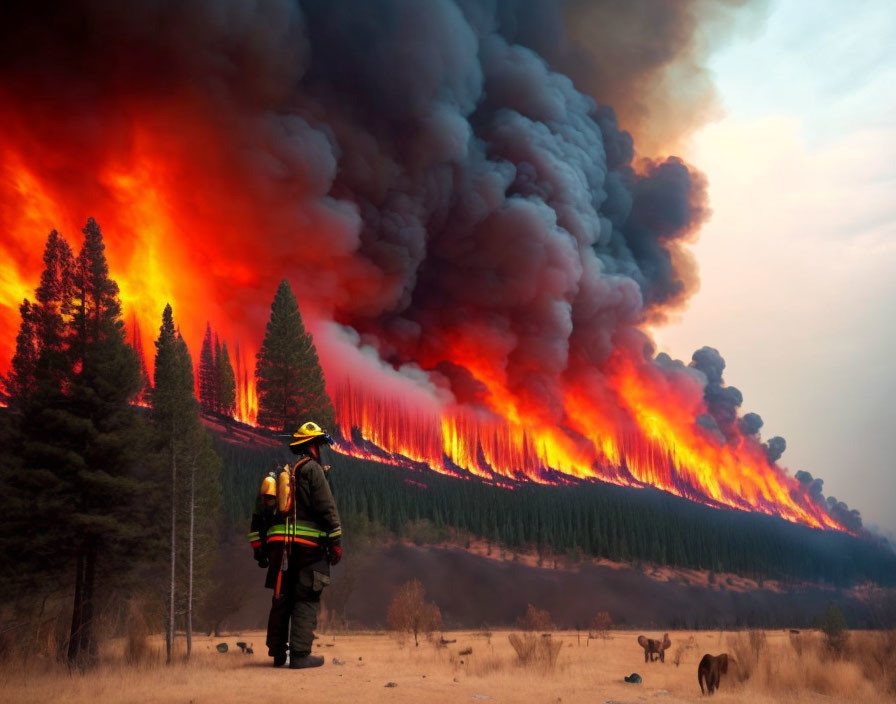 Massive wildfire engulfs forest with billowing flames and smoke