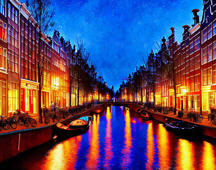 Serene Amsterdam canal at twilight with illuminated buildings, bridge, bicycles, boat, and starry sky