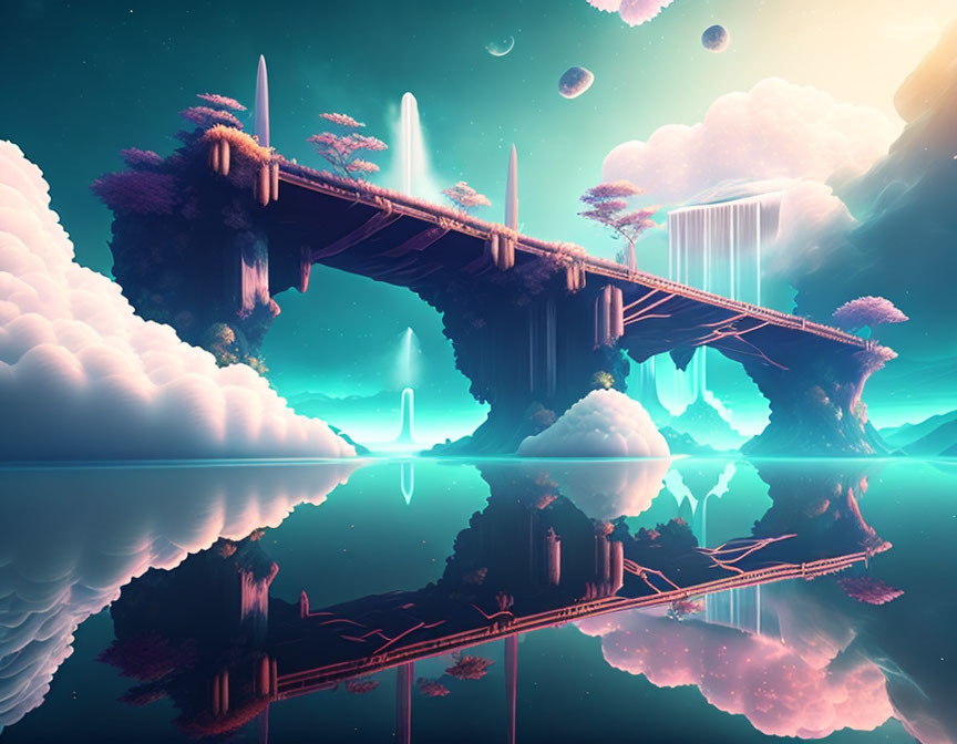 Fantasy landscape with reflective water, floating islands, and celestial sky