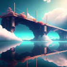 Fantasy landscape with reflective water, floating islands, and celestial sky