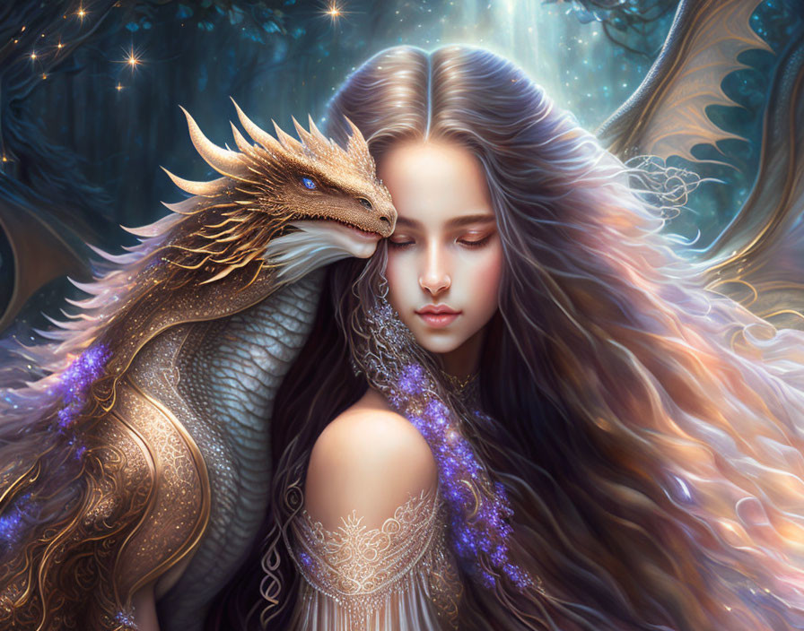 Woman embracing golden dragon in mystical forest