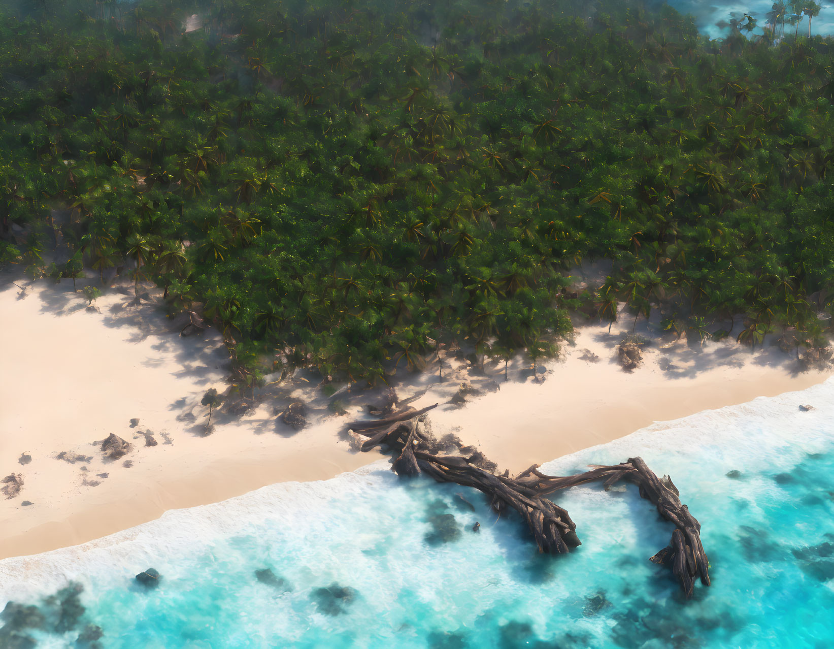 Tropical beach with lush greenery, blue water, and driftwood