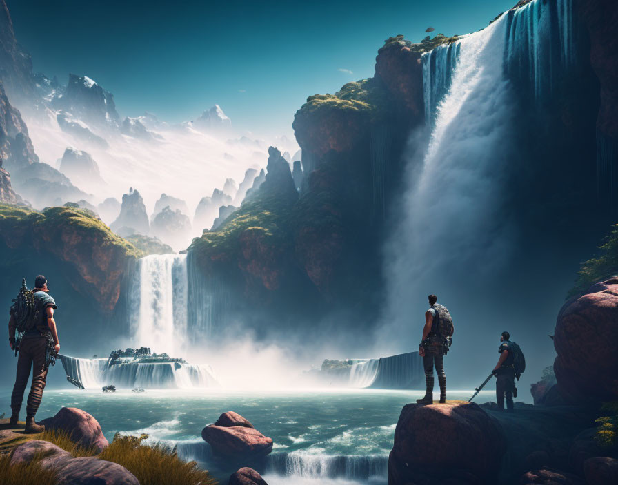Hikers with backpacks admire waterfalls in rocky landscape