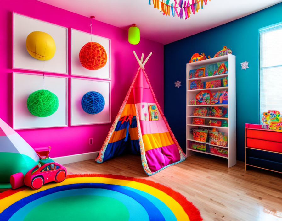 Colorful Children's Playroom with Striped Tent & Rainbow Rug