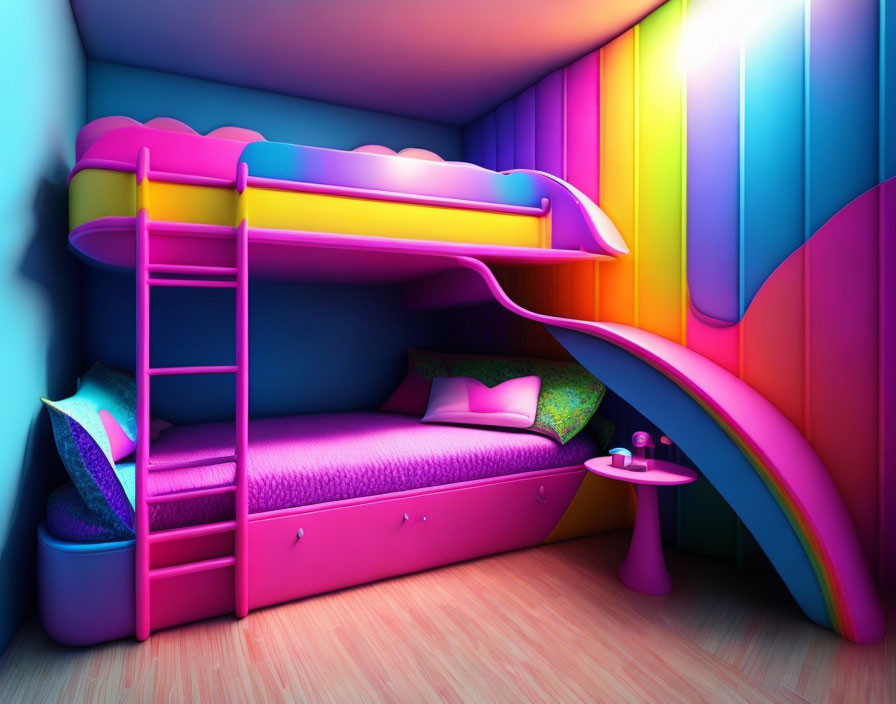 Vibrant Children's Room with Purple Bunk Bed & Rainbow Walls