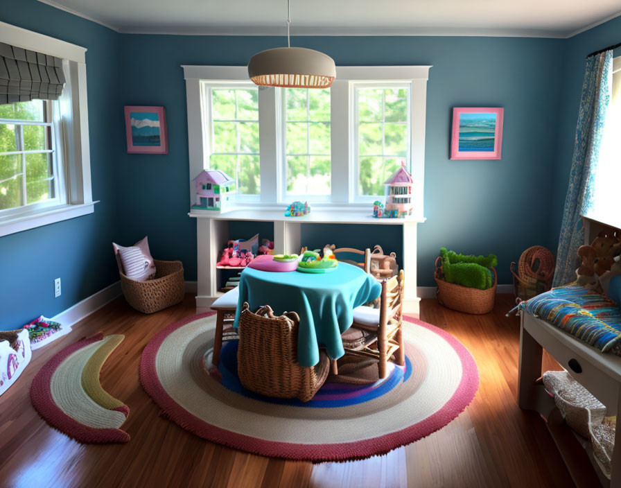 Vibrant child's playroom with round table, toys, bed, and bright blue walls