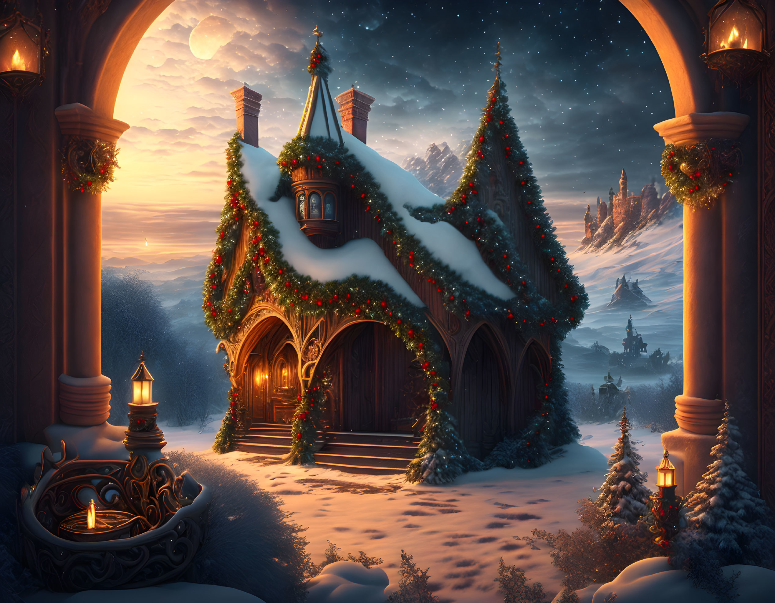 Snow-covered cottage with Christmas decorations in serene winter landscape at dusk.