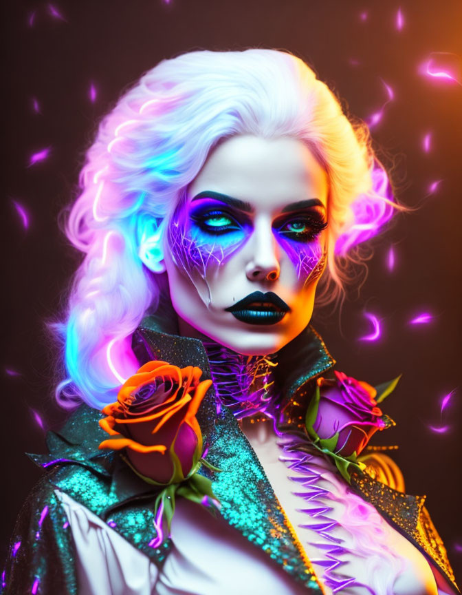 Colorful portrait with neon makeup, white hair, and roses under purple and orange lights.