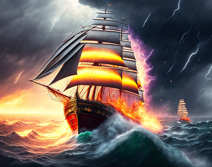 Majestic sailing ship in stormy seas with illuminated sails and lightning flashes