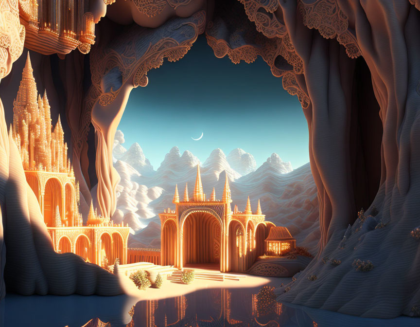 Golden castles, rocky arches, and moonlit sky in a fantasy landscape