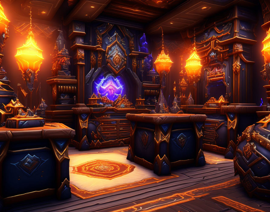 Fantasy room with blue and gold walls, ornate furniture, glowing torches, and magical portal