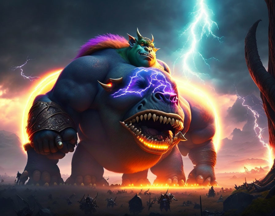 Fantasy scene: large blue gorilla-like creature with smaller rider on stormy battlefield