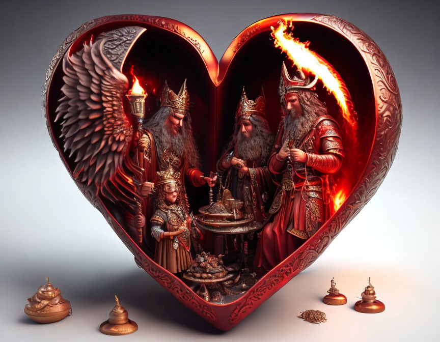 Fantasy illustration: Armored kings with wings crafting potion in heart-shaped frame