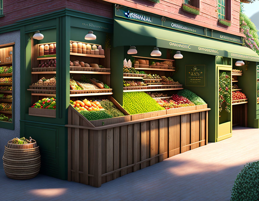 Charming fruit and vegetable market with neat produce and wooden stalls