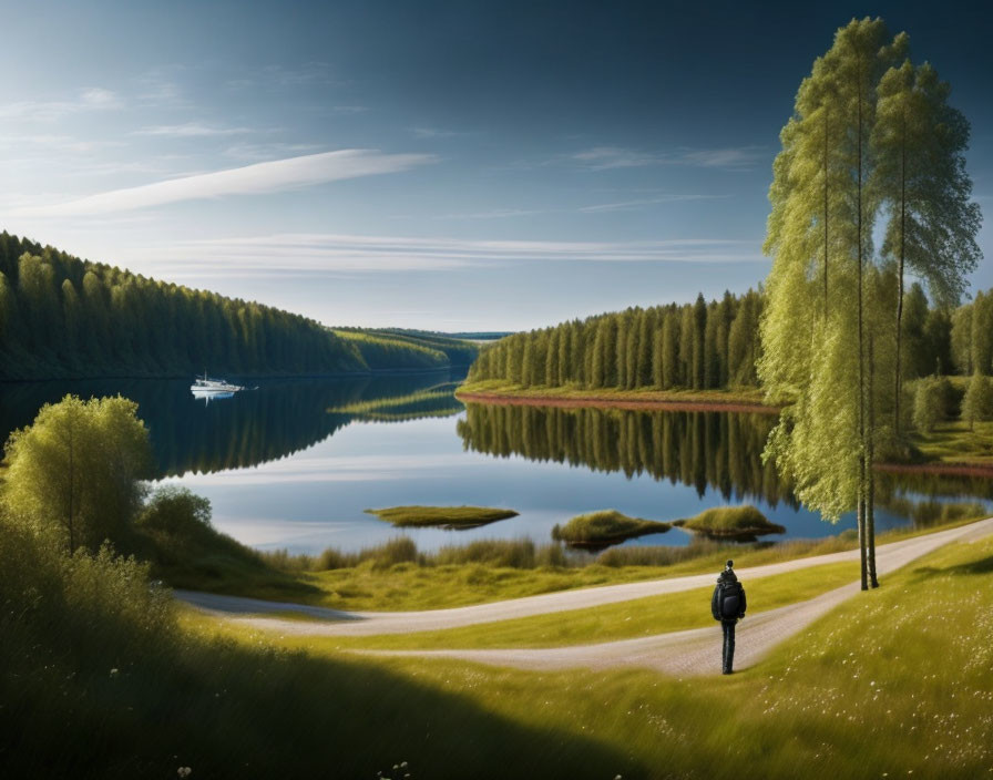 Tranquil lake scene with person, boat, and lush forest