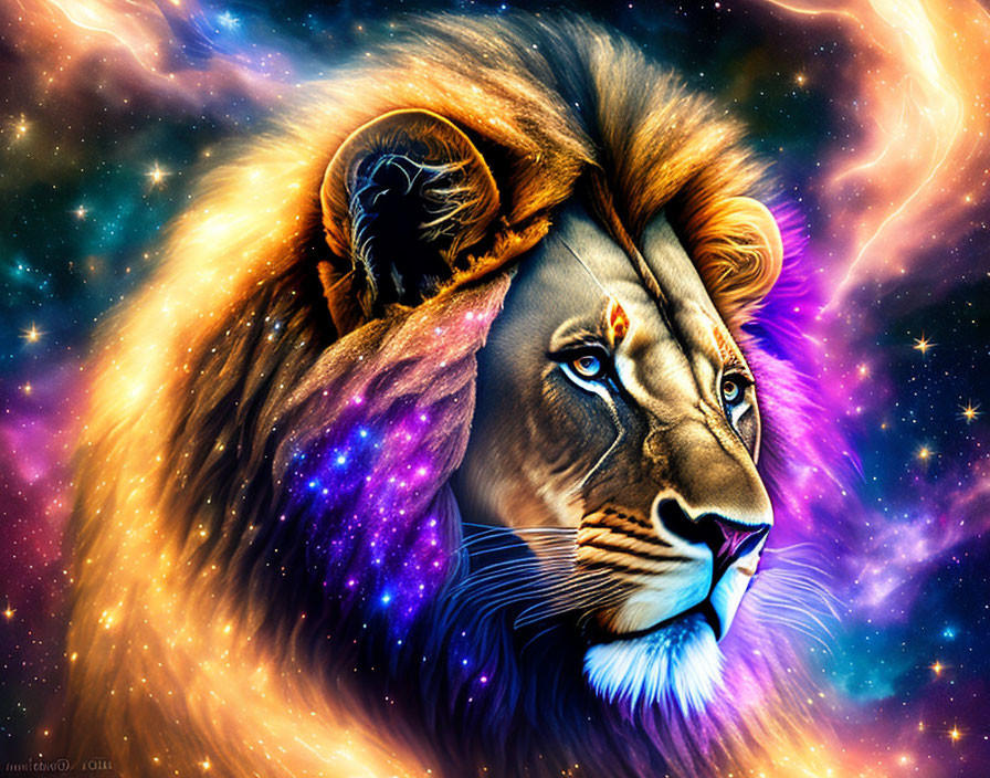 Colorful digital artwork: Lion's head with cosmic mane and galaxy backdrop