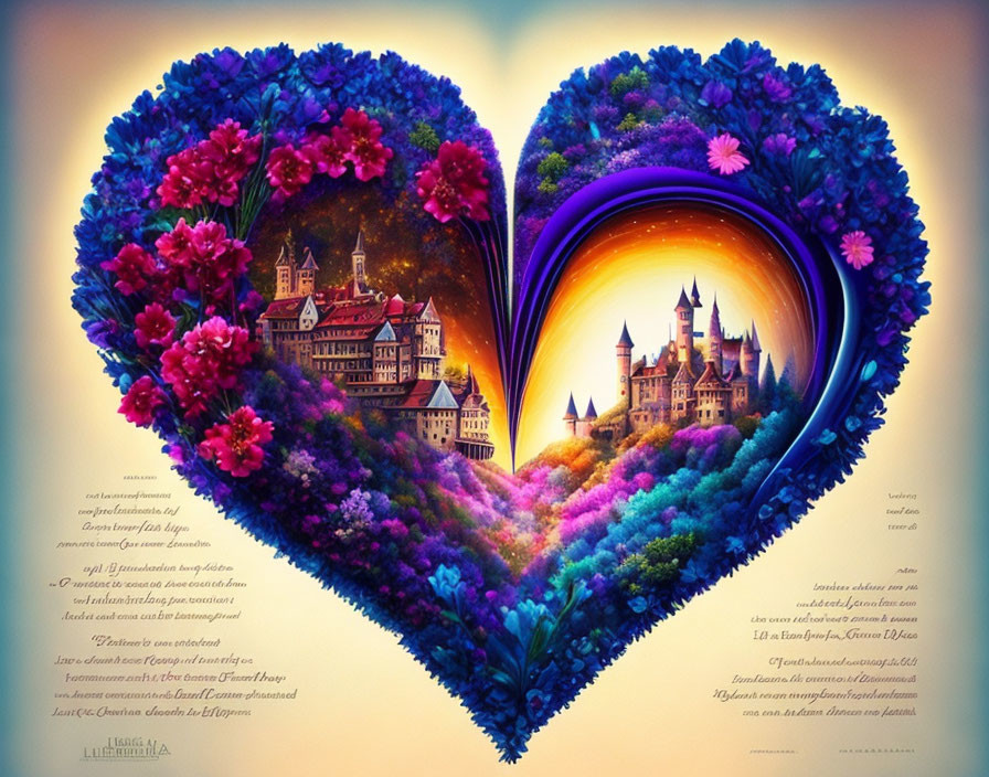 Colorful Heart-Shaped Landscape with Castles and Flowers