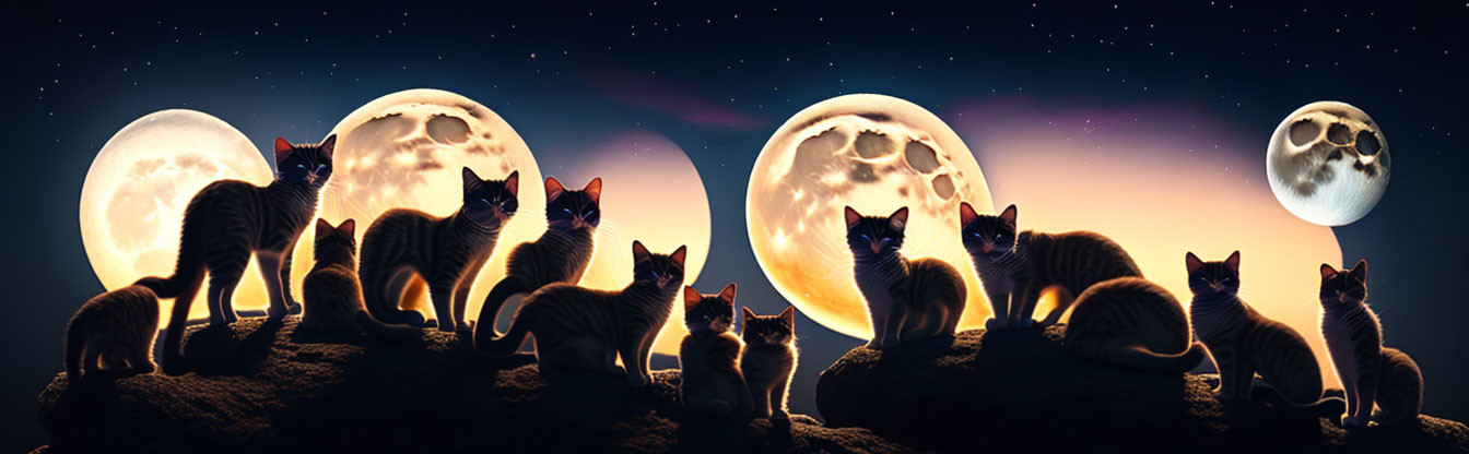 Panoramic fantasy scene: cats on rocky terrain under multiple moons