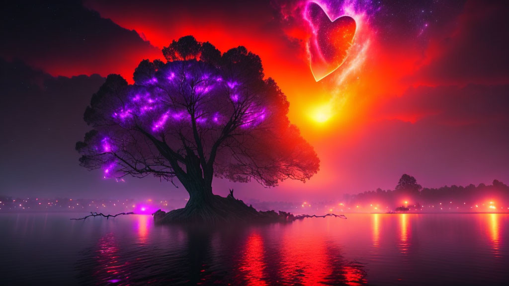 Surreal landscape with illuminated tree on island under vibrant sky