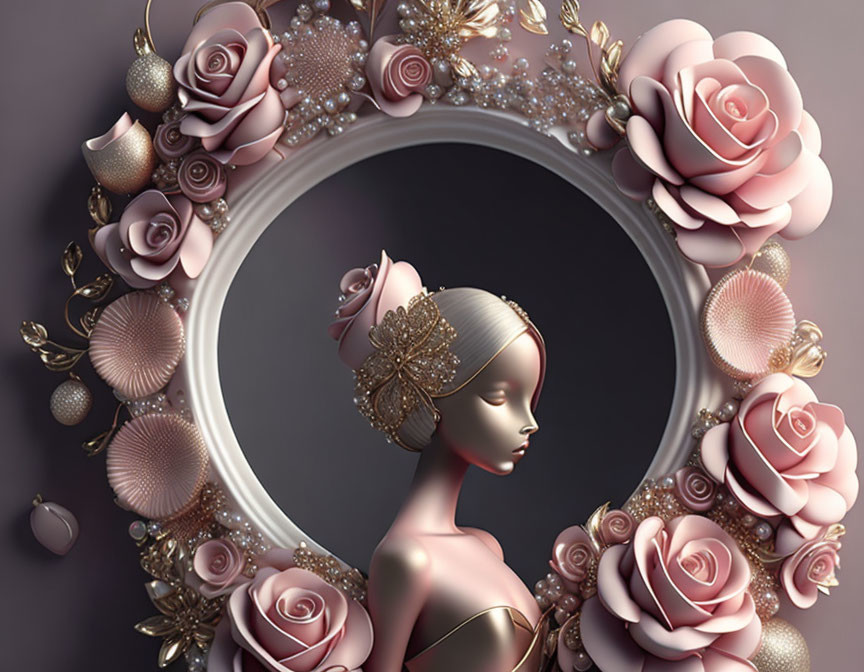 Symmetrical woman portrait with roses, pearls, and elegant motifs