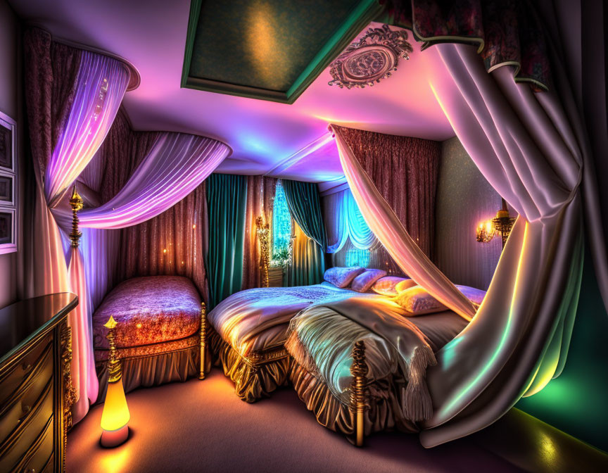 Fantasy-themed bedroom with glowing furniture and whimsical lighting