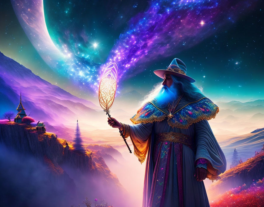 Fantasy landscape with mystical wizard holding glowing staff