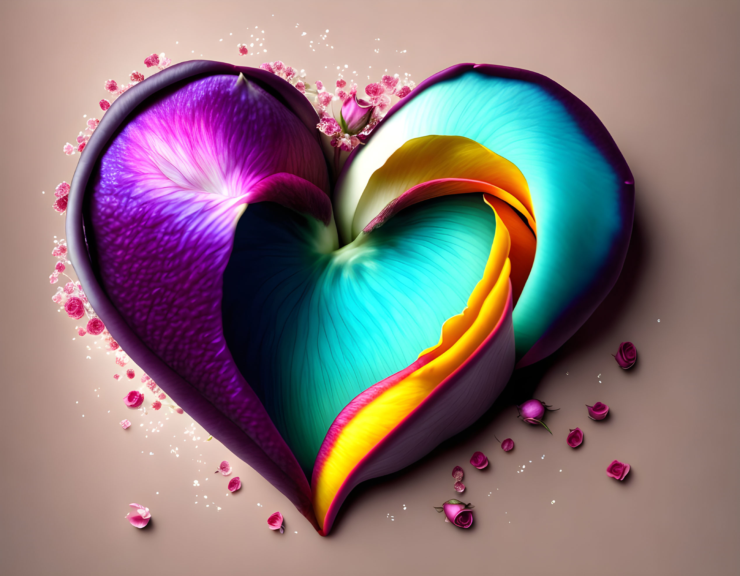 Colorful Heart Illustration Split in Two with Petals