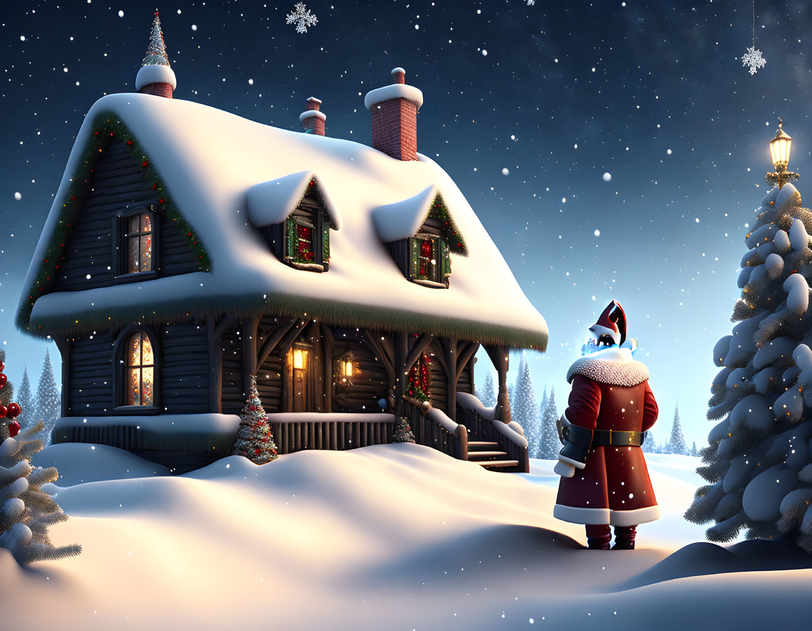 Snow-covered cabin at night with Santa Claus and falling snowflakes