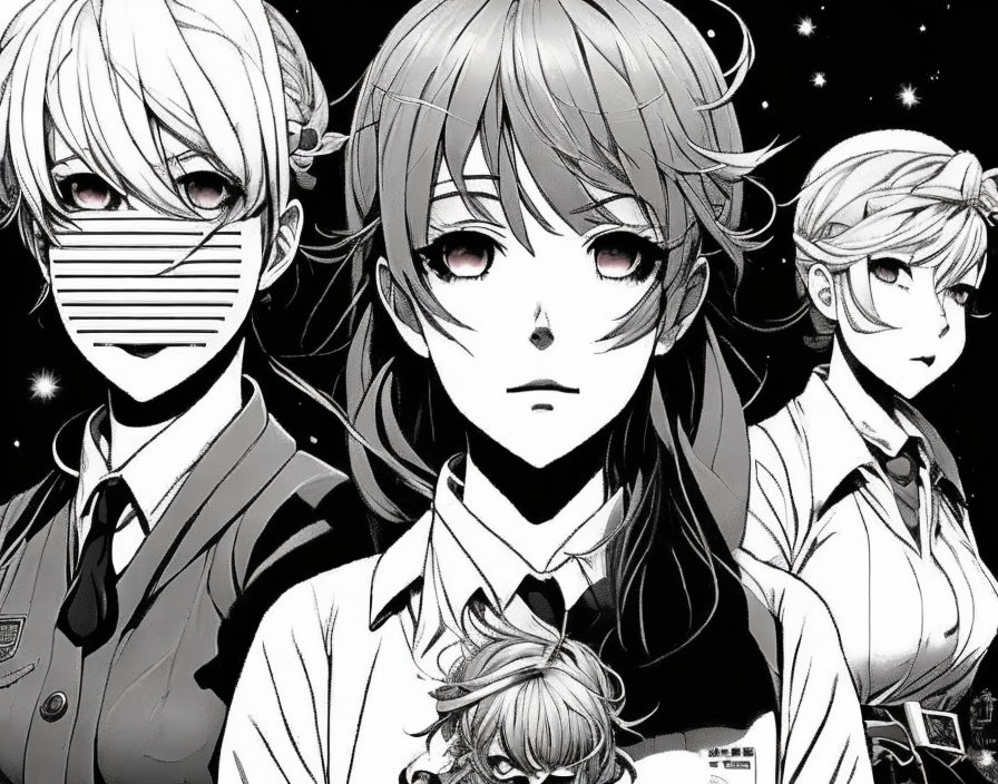 Monochrome manga-style illustration of three intense characters under starry sky