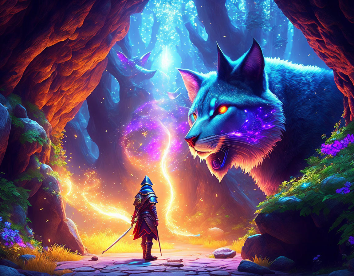 Knight confronts mystical cat in enchanted forest