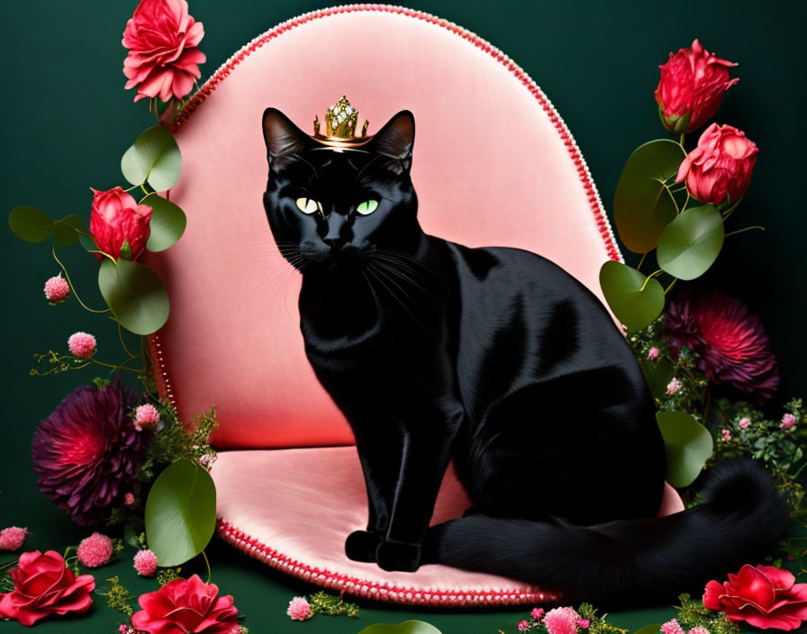 Black Cat with Crown on Pink Throne Amid Roses & Foliage