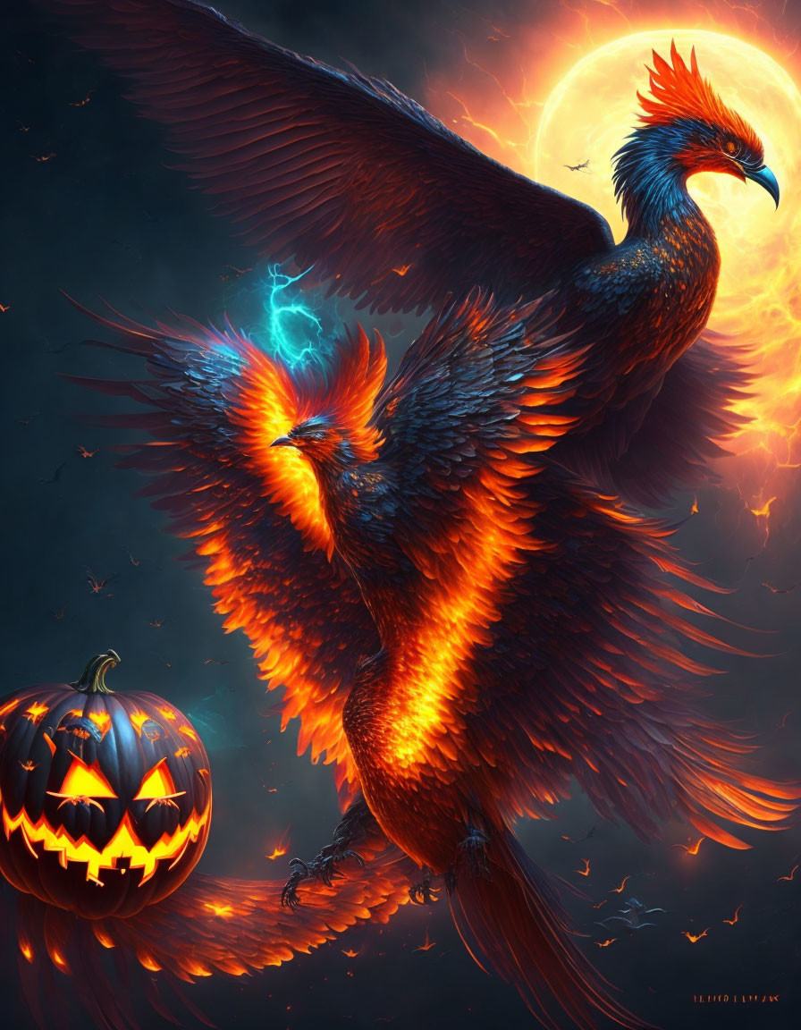 Fiery phoenix and jack-o'-lantern under full moon