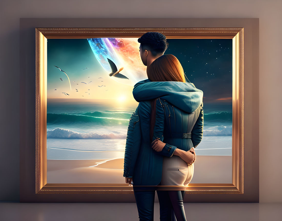 Couple embraces in front of surreal painting blending beach and space scenes