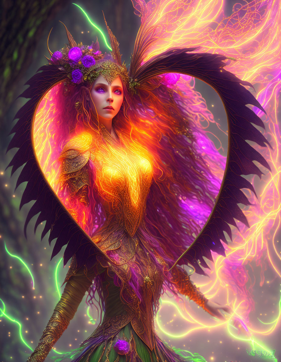 Fantastical female figure with heart-shaped wings in vibrant colors.